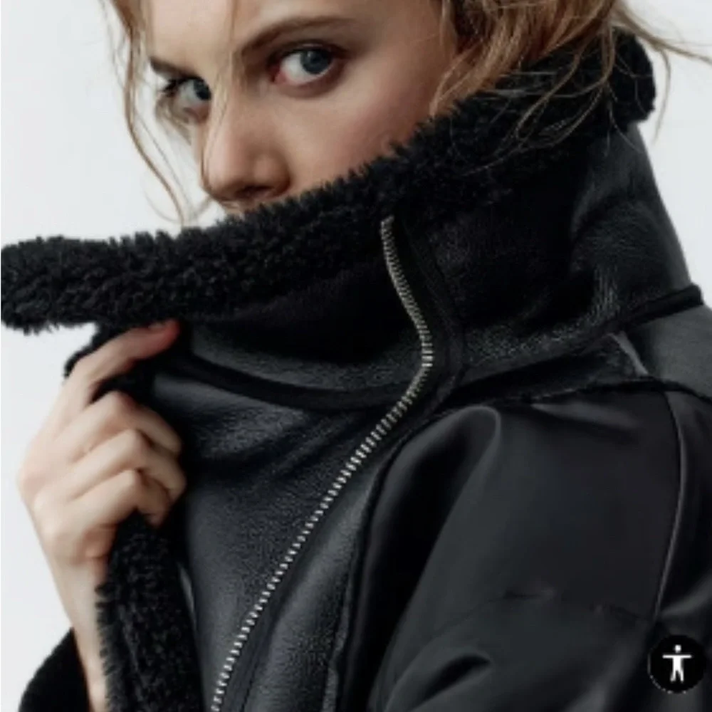 Zara Black Bomber Jacket with Shearling Detail - Picture 5 of 9